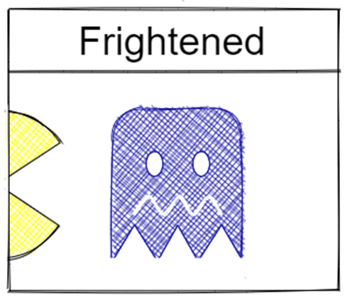 A frightened Pacman ghost being chased by Pacman A frightened Pacman ghost being chased by Pacman