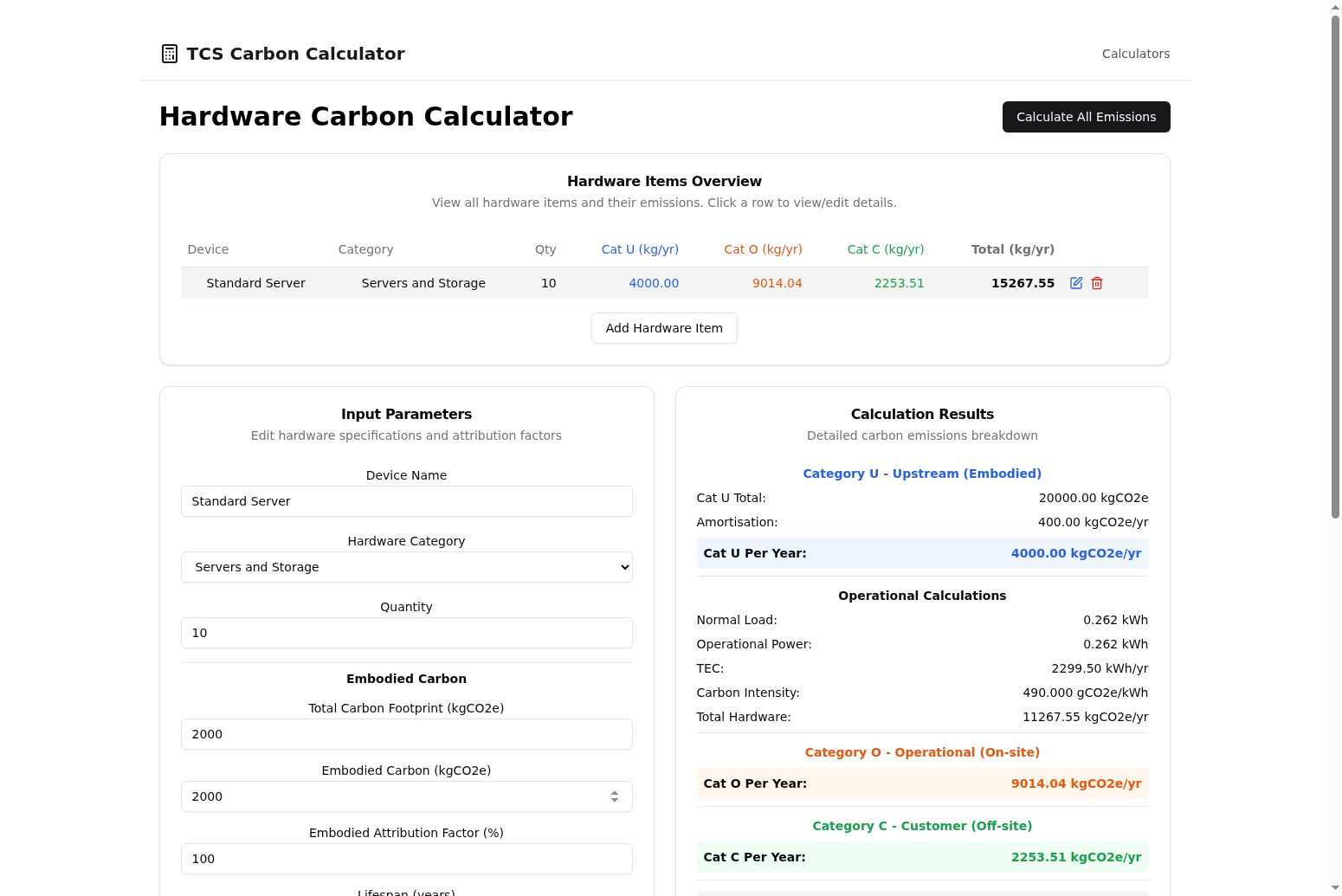 Early UI for the hardware calculator that estimates the carbon emissions of IT hardware.